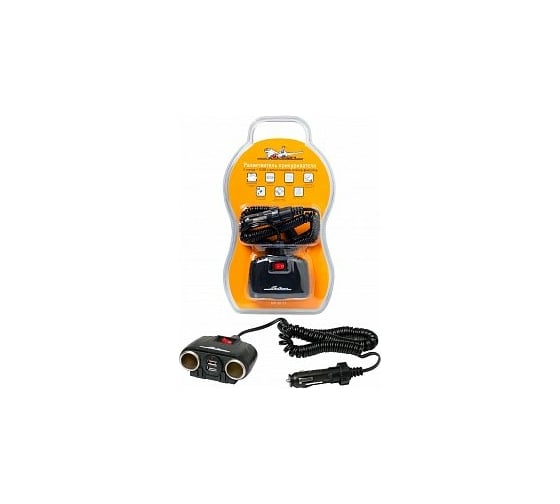 Изображение товара Прикуриватель-разветвитель Airline 2 гнезда + 2USB с витым шнуром, штекер-фиксатор ASP-2U-11