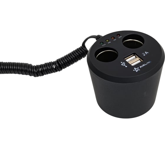 Изображение товара Прикуриватель-разветвитель Airline 2 гнезда + 2USB в подстаканник с индикатором зарядки АКБ обрезиненый ASP-2U-12