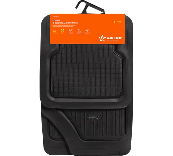 Изображение товара Полимерные универсальные ковры Airline с высоким бортиком в салон автомобиля, цвет черный, комплект из 4 штук ACM-RM-01