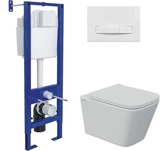 Изображение товара Комплект Berges инсталляция АТОМ Line, кнопка белая, унитаз FLOE S Rimless 51 см, сидение дюропласт Floe S Slim SO, микролифт, быстросъём 043346