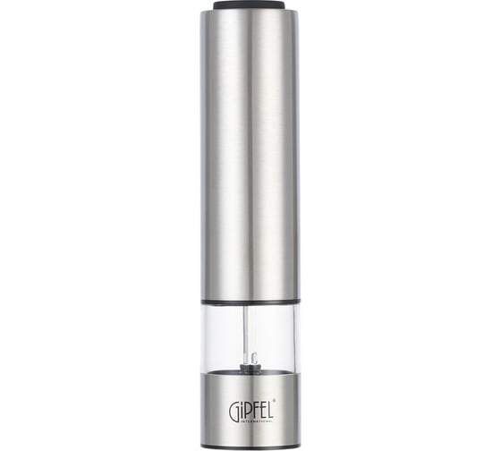 Изображение товара Мельница электрическая TROPICA с подсветкой для соли и перца, 22 см. Цвет: серебристый. Материал: нерж. сталь, органическое стекло, керамика, пластик. Батарейки в комплект не входят, требуется 4 шт. "АА". Gipfel 9148
