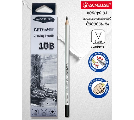 Изображение товара Карандаш чернографитный ACMELIAE 10B шестигранный 12 шт, корпус серебряный 8000-10B EAN