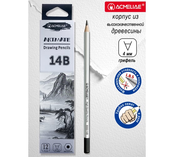 Изображение товара Карандаш чернографитный ACMELIAE 14B шестигранный 12 шт, корпус серебряный 8000-14B EAN