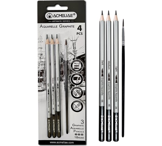 Изображение товара Набор акварельных чернографитных карандашей ACMELIAE 3 шт + кисточка 43706