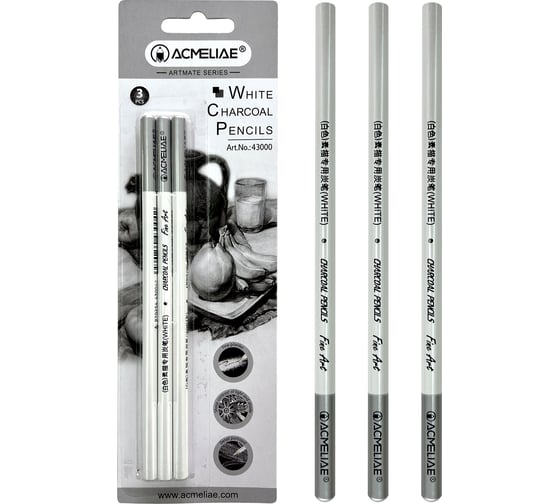 Изображение товара Набор белых угольных карандашей ACMELIAE 3 шт в блистере 43000