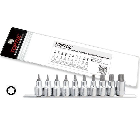 Изображение товара Набор торцевых головок 1/2 дюйма TORX T20-T70, L=55 мм, на планке 10 предметов TOPTUL GAAG1006