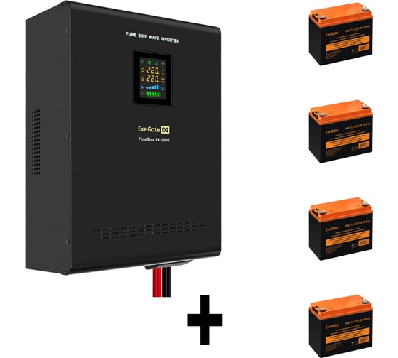 Изображение товара Комплект ИБП ExeGate EX296004RUS+батарея 33Aч EX285664RUS4 штинвертор, синус, для котла, настенный FineSineSX-5000.LCD.AVR.2SH.T5000VA3500W, чистая синусоида, цветной LCD-диспле 296657