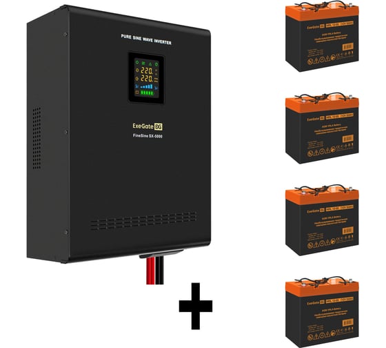 Изображение товара Комплект ИБП ExeGate EX296004RUS+батарея 55Aч EX285652RUS4 штинвертор, синус, для котла, настенный FineSineSX-5000.LCD.AVR.2SH.T5000VA3500W, чистая синусоида, цветной LCD-диспле 296662