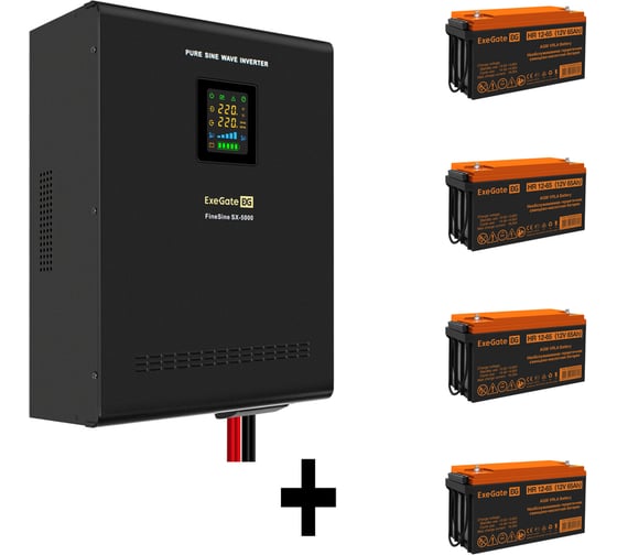 Изображение товара Комплект ИБП ExeGate EX296004RUS+батарея 65Aч EX282982RUS4 штинвертор, синус, для котла, настенный FineSineSX-5000.LCD.AVR.2SH.T5000VA3500W, чистая синусоида, цветной LCD-диспле 296664