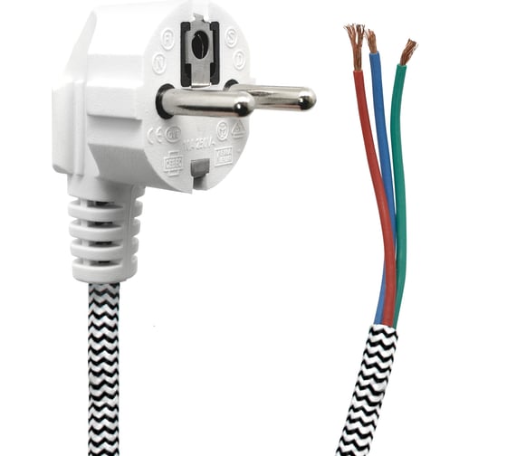 Изображение товара Шнур сетевой OXION тканевый трехжильный с заземлением 2м с евровилкой, 10A 250V , 2500W, 3x1мм2, арт. OX-OPC027