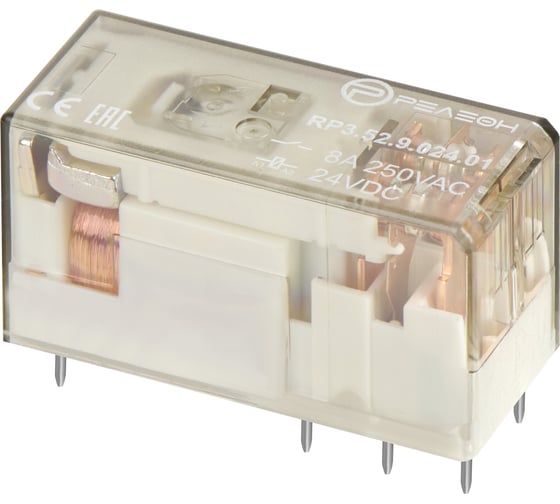 Изображение товара Низкопрофильное реле РЕЛЕОН 2 перекидных контакта 8А; 24В DC; прозрачный корпус RP352902401