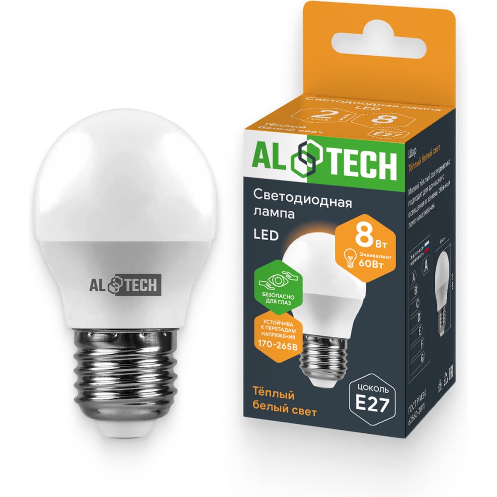 Изображение товара Светодиодная лампа ALTECH G45-8W-830-Е27 теплый белый 720Лм 3000K шарик