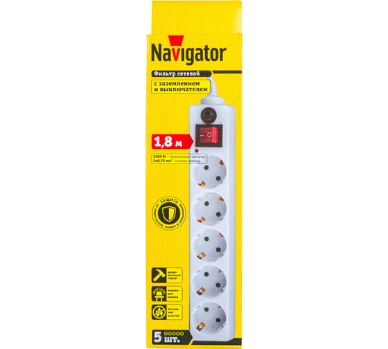 Изображение товара Сетевой фильтр Navigator, NSP-05-180-ESC-3х0.75, 5 гнезд, 1.8м 71861
