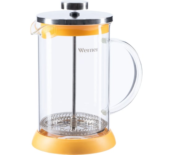 Изображение товара Френч-пресс WERNER ALLEGRO 600 мл. Материал: жаропрочное боросиликатное стекло, нержавеющая сталь, пластик, термопластичная резина. Цвет: желтый 51461