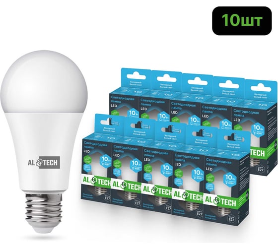 Изображение товара Лампочка светодиодная ALTECH LED Р60-10W-865-E27 10Вт груша холодный белый свет 10шт 4673758071354