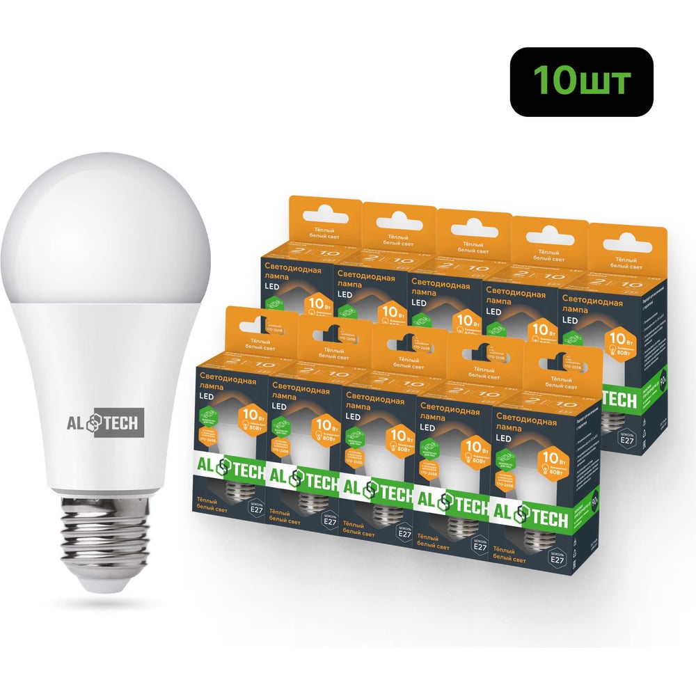Изображение товара Светодиодная лампочка ALTECH LED Р60-10W-830-E27 10 Вт теплый белый груша