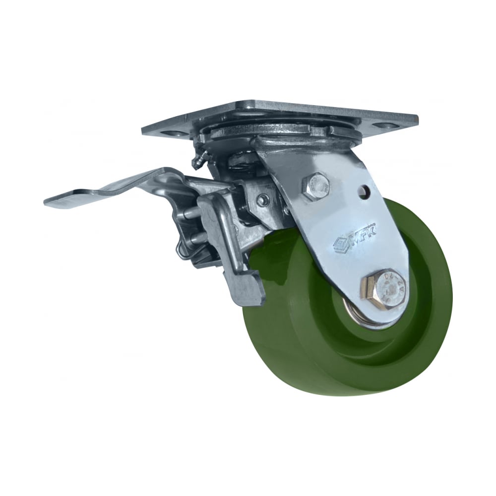 Изображение товара Колесо б/г нержавейка, зеленое, полиуретан, поворотное, с тормозом, на кронштейне, 100 мм SS6640-01-SPU-TTB MFK-TORG SPU-TTB-6644100