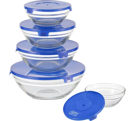 Изображение товара Набор стеклянных мисок для микроволновой печи GIPFEL CAMELIA из 5 с пластмассовыми крышками 6208
