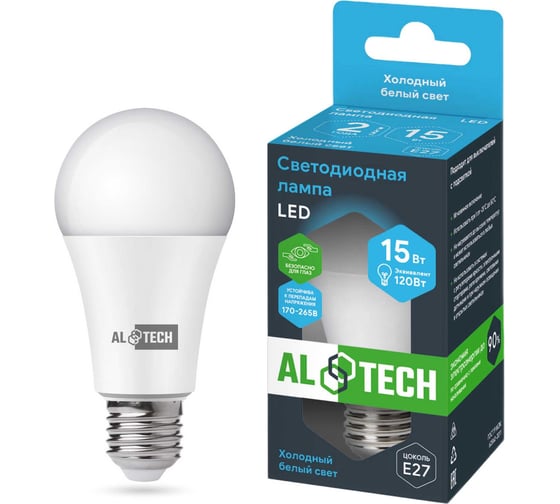 Изображение товара Лампочка светодиодная ALTECH LED Р60-15W-865-E27 15Вт груша холодный белый свет 4673758070289