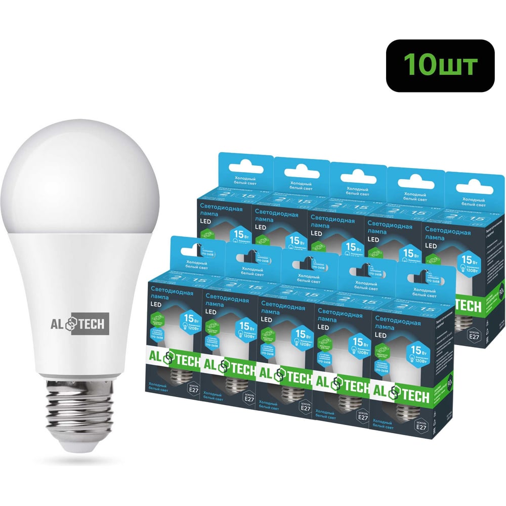 Изображение товара Светодиодная лампа ALTECH LED Р60-15W-865-E27, холодный белый свет, 10 штук