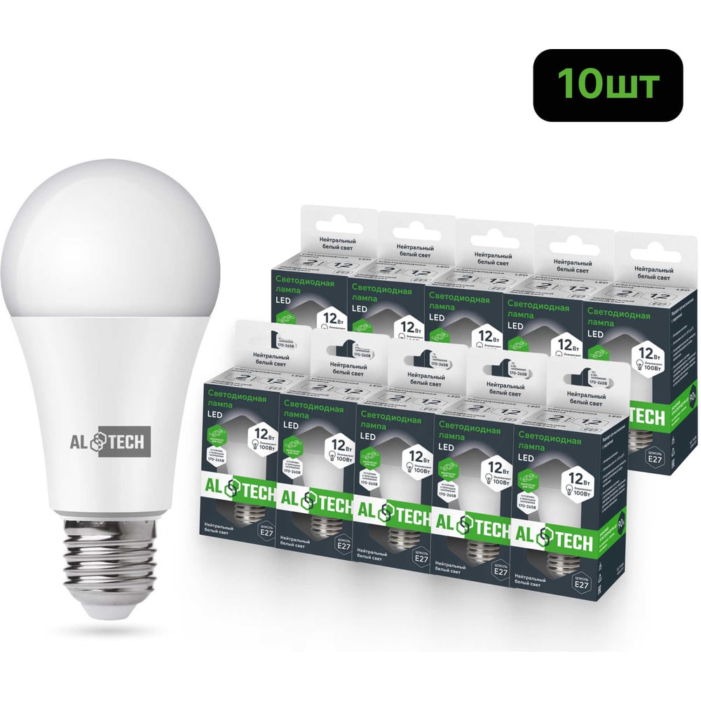 Изображение товара Лампочка светодиодная ALTECH LED Р60-12W-840-E27 12Вт груша нейтральный белый свет 10шт 4673758071378