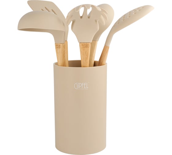 Изображение товара Набор кухонных инструментов GIPFEL MOLTO из 6 предметов: лопатка с прорезями, ложка, половник, шумовка, ложка для спагетти, подставка материал инструментов: силикон, гевея, резина цвет набора: бежевый 51661