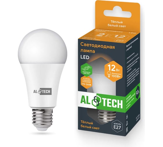 Изображение товара Лампочка светодиодная ALTECH LED Р60-12W-830-E27 12Вт груша теплый белый свет 4673758070234