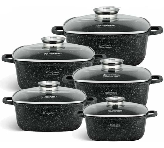 Изображение товара Набор квадратных казанов Edenberg 12 предметов, черный мрамор, 2.8/3.7/4.4/5.5/6.5 л EB-3986