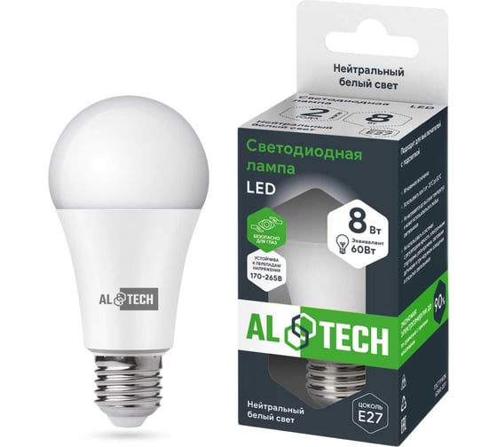 Изображение товара Лампочка светодиодная ALTECH LED Р60-8W-840-E27 8Вт груша нейтральный белый свет 4673758070197