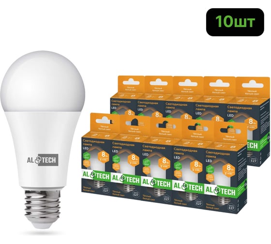 Изображение товара Лампочка светодиодная ALTECH LED Р60-8W-830-E27 8Вт груша теплый белый свет 10шт 4673758071316