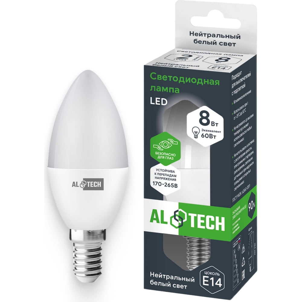 Изображение товара Светодиодная лампочка ALTECH LED С35-8W-840-E14 8Вт нейтральный белый