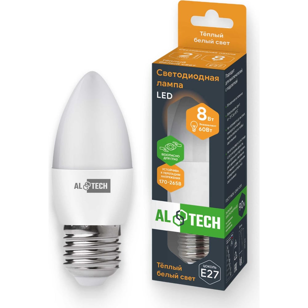 Изображение товара Светодиодная лампа ALTECH LED С35-8W-830-E27 теплый белый 8Вт E27 свеча