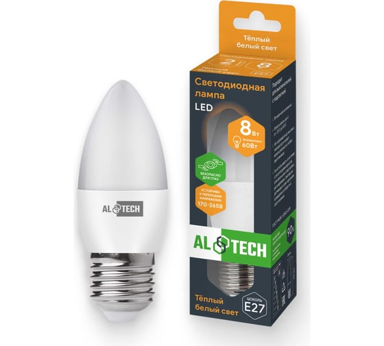 Изображение товара Лампочка светодиодная ALTECH LED С35-8W-830-E27 8Вт свеча теплый белый свет 4673758070043