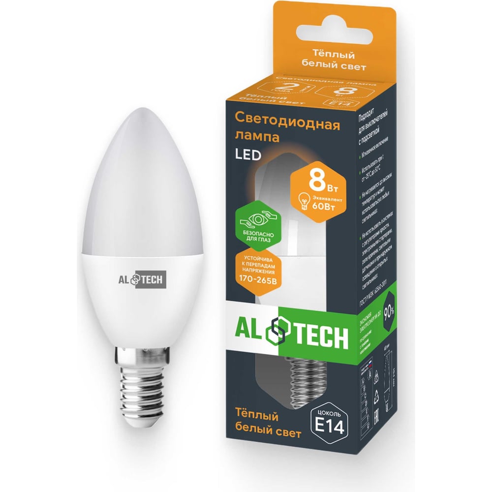 Изображение товара Светодиодная лампа ALTECH LED С35-8W-830-E14 теплый белый свет