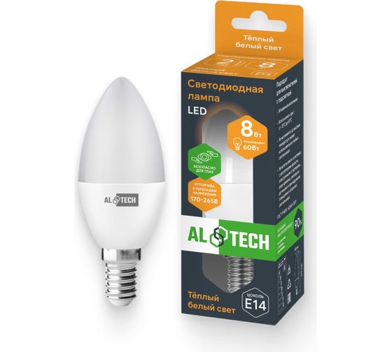 Изображение товара Лампочка светодиодная ALTECH LED С35-8W-830-E14 8Вт свеча теплый белый свет 4673758070029