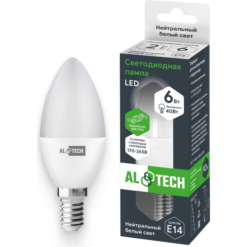 Изображение товара Светодиодная лампа ALTECH LED С35-6W-840-E14 нейтральный белый свет 540 лм
