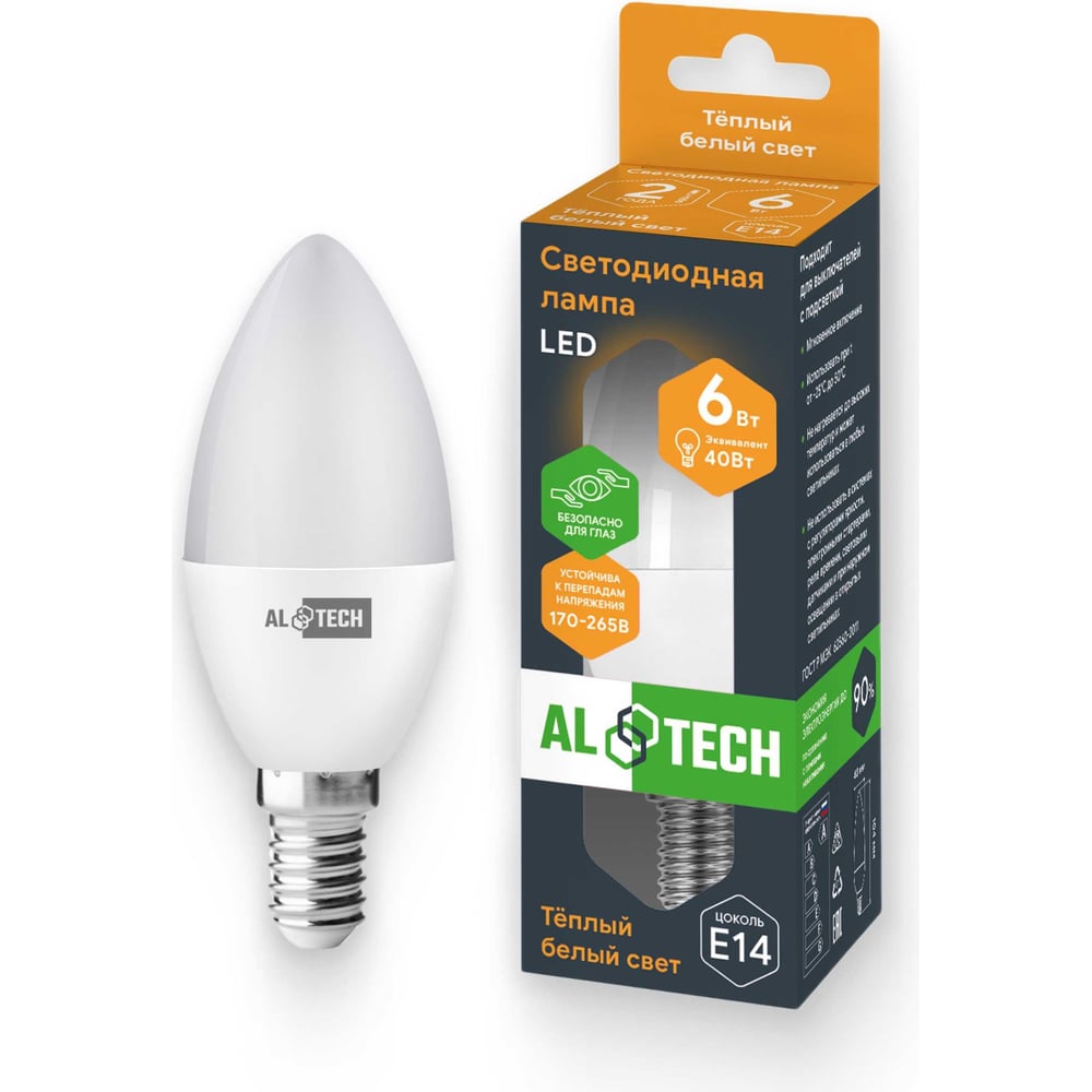 Изображение товара Лампочка светодиодная ALTECH LED C35-6W-830-E14 6Вт E14 свеча теплый белый