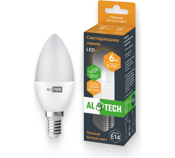 Изображение товара Лампочка светодиодная ALTECH LED С35-6W-830-E14 6Вт свеча теплый белый свет 4673758070005