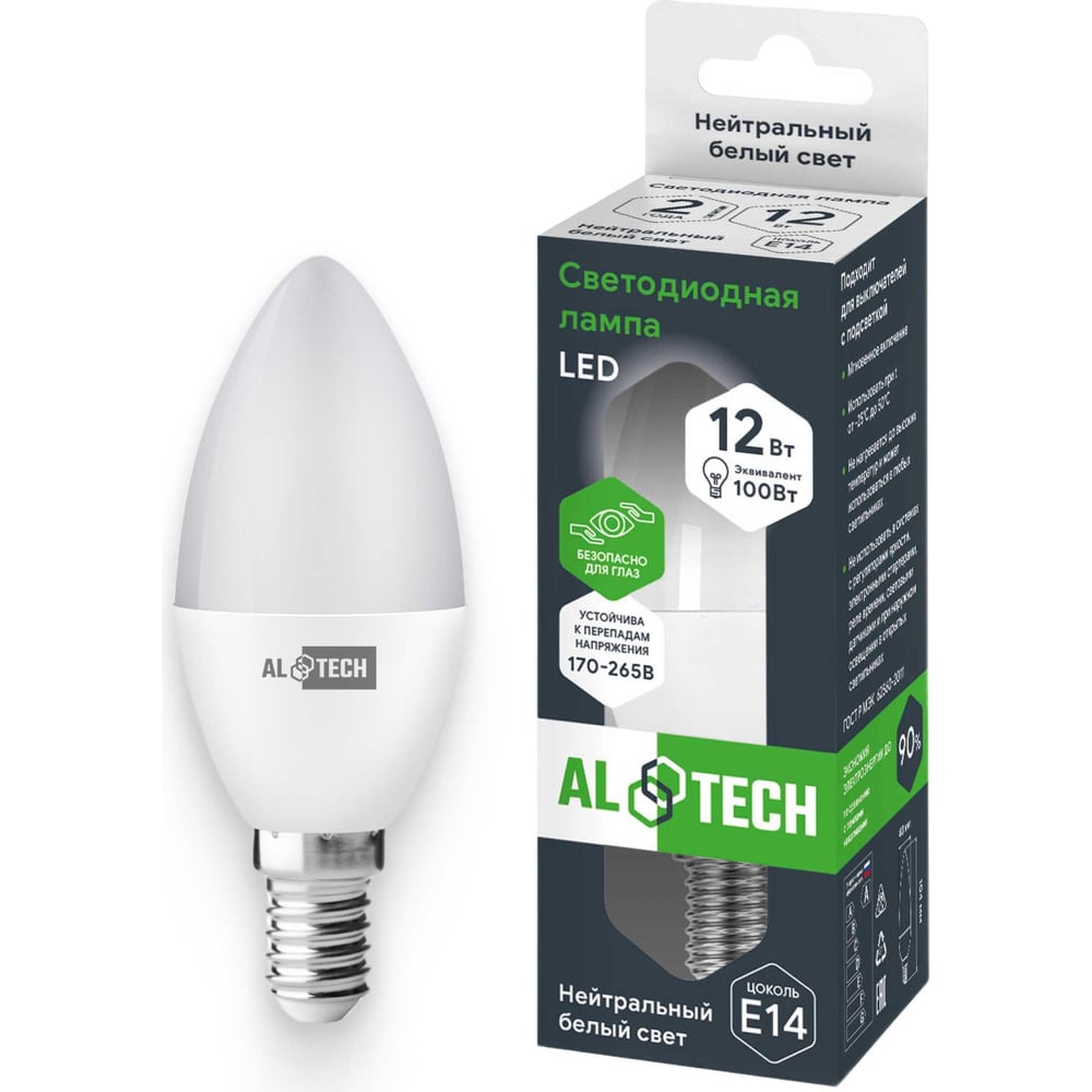 Изображение товара Светодиодная лампочка ALTECH LED свеча E14 12W 4000K нейтральный белый