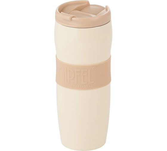 Изображение товара Термокружка Gipfel NEW YORK 380 мл вакуумная, с двойными стенками, с откидным клапаном, с силиконовой вставкой и противоскользящим основанием, нержавеющая сталь 18/10, пластик, силикон, цвет: бежевый 51786