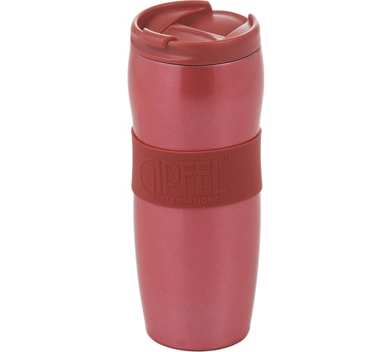 Изображение товара Термокружка Gipfel NEW YORK 380 мл, вакуумная, с двойными стенками, с откидным клапаном, с силиконовой вставкой и противоскользящим основанием, нержавеющая сталь 18/10, пластик, силикон, цвет: красный 51787