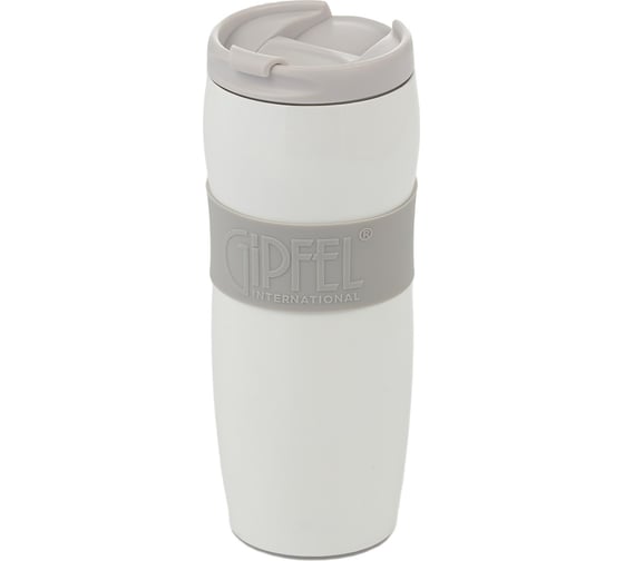 Изображение товара Термокружка Gipfel NEW YORK 380 мл, вакуумная, с двойными стенками, с откидным клапаном, с силиконовой вставкой и противоскользящим основанием, нержавеющая сталь 18/10, пластик, силикон, цвет: белый 52334