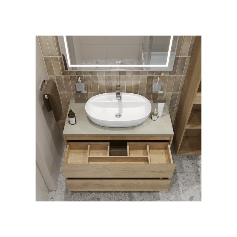 Изображение товара Подвесная тумба с раковиной BelBagno KRAFT 100 современный дизайн бежевый белый