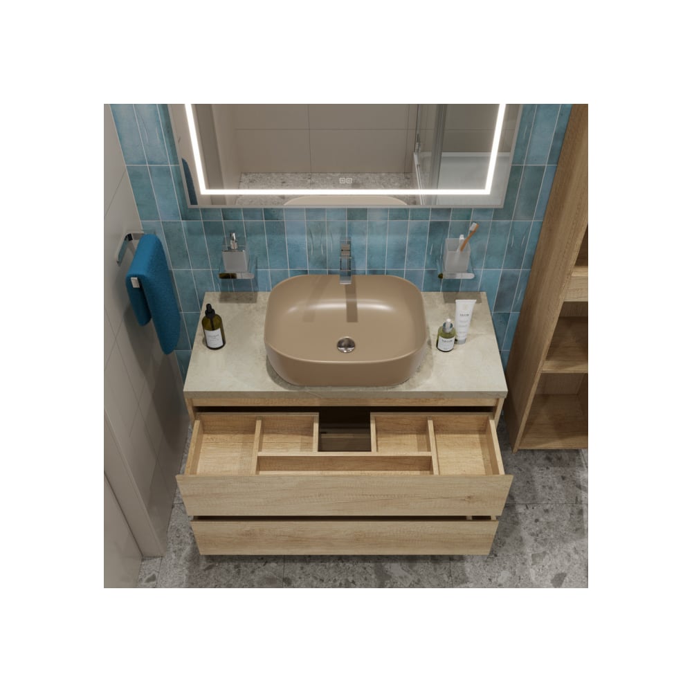 Изображение товара Подвесная тумба с накладной раковиной BelBagno KRAFT 100 современный дизайн бежевый