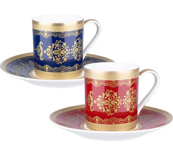 Изображение товара Набор GIPFEL SANSARA чашка 90 мл 2 шт, блюдце 13 см 2 шт, фарфор, синий с золотым, красный с золотым 52365