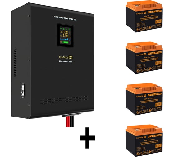Изображение товара Комплект ИБП ExeGate EX296005RUS+батарея 40Aч EX282979RUS4 штинвертор, синус, для котла, настенный FineSineSX-7000.LCD.AVR.2SH.T7000VA5000W, чистая синусоида, цветной LCD-диспле 296682