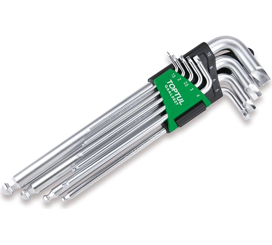 Изображение товара Набор шестигранников TOPTUL Г-образных 1,5-10 мм, с экстрактором и шаром, экстрадлинные, 9 пр., GAAL0927