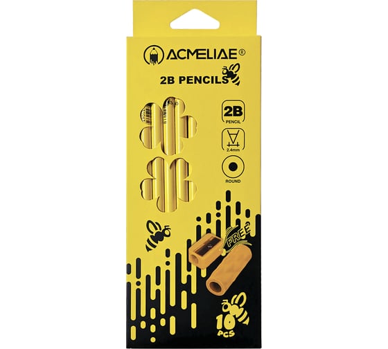 Изображение товара Набор чернографитных карандашей ACMELIAE 2B For exam с держателем-ластиком и точилкой, 10 шт 43201