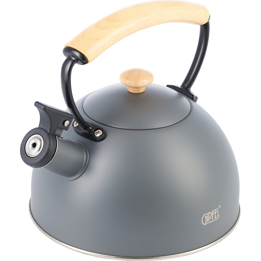 Изображение товара Чайник для кипячения воды Gipfel LARNAKA 2,2л со свистком, с капсульным индукционным дном и деревянной накладкой на ручку. Материал: нержавеющая сталь 18/10, дерево. Толщина стенок: 0,6мм. Цвет: серый. 52130