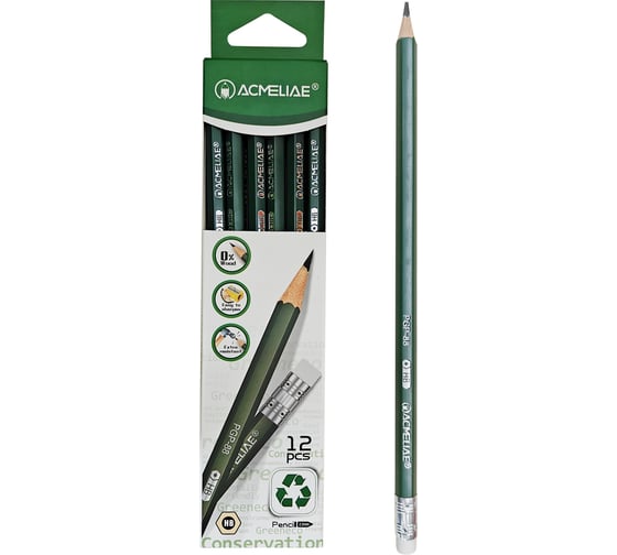 Изображение товара Карандаш чернографитный ACMELIAE пластиковый 12 шт HB с ластиком шестигранный, корпус зеленый PGP-88 EAN